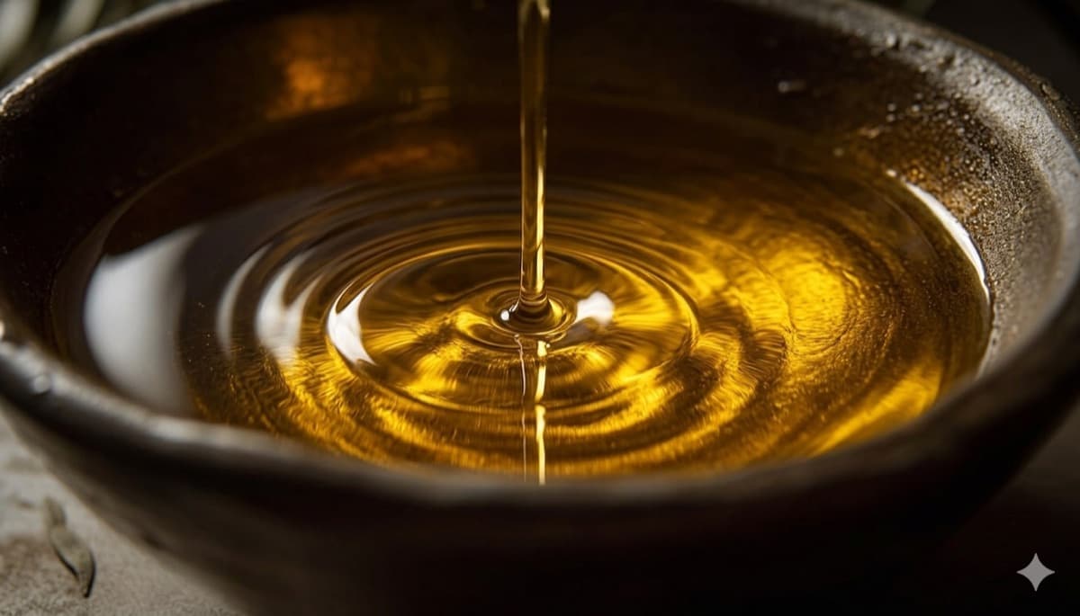Olivolja som hälls i en skål